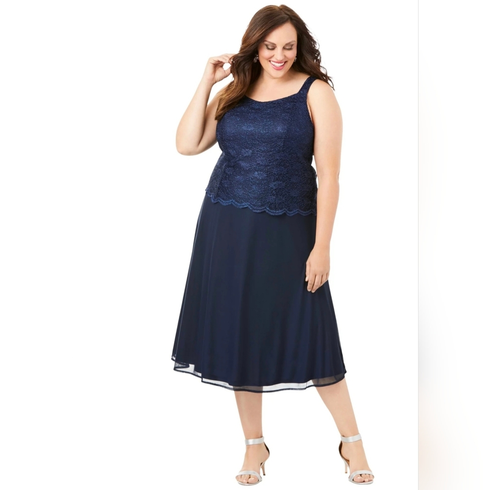 Roman's Women's Blue Floral Chiffon Sleeveless Sequined Formal Midi A-Line Dress